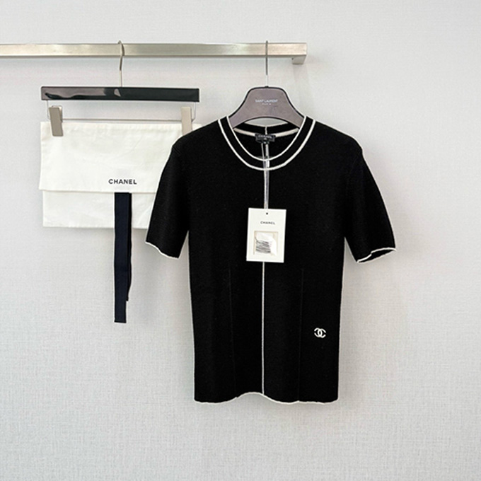 chanel black white contrast piping round neck knit short sleeve top